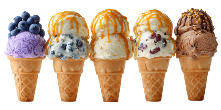 Five ice cream cones of assorted flavors on a white and transparent background, concept for dessert menu, summer treat and food photography