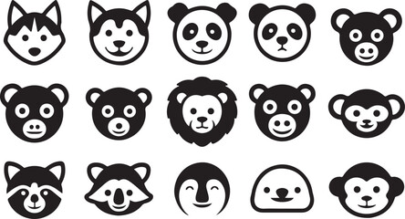 Minimalist Animal Face Icon Set Vector  15 Cute Animal Faces with Bold Outlines