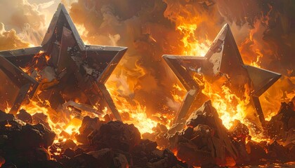 Fototapeta premium Fiery Stars ablaze in a dramatic inferno, symbolizing power, destruction, and rebirth against a turbulent sky background
