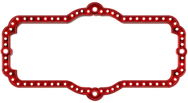 Red decorative frame with circular cutouts for artistic displays.