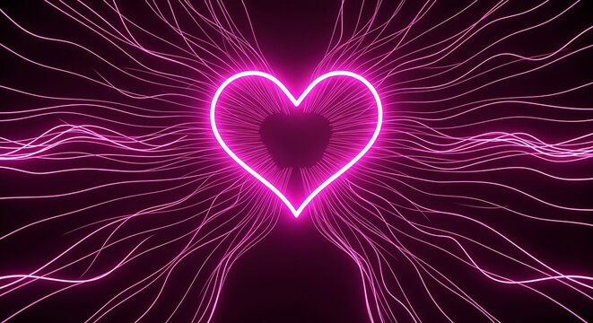 A vibrant pink heart shape, outlined in bright neon light, is surrounded by a captivating array of flowing, wavy lines, creating a mesmerizing visual display.