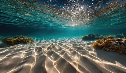 Sunlight streams through turquoise water onto sandy ocean floor