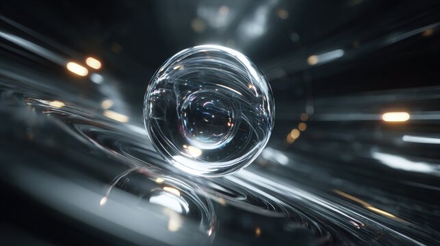 weightless. A shimmering, weightless liquid sphere floating inside a sleek, metallic spacecraft module with light reflections. product launch decks.