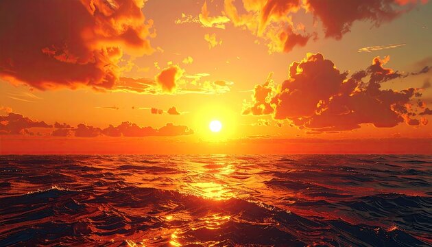 Pixelated Sunset Over the Ocean with Dramatic Sky and Reflecting Water Surface in Warm Orange and Yellow Tones