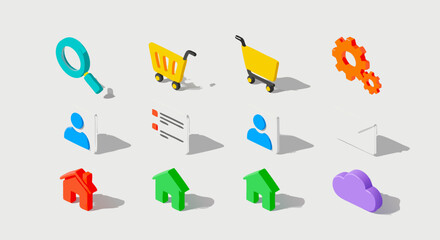 Colorful 3D UI Icons: Web, App, E-commerce, Settings