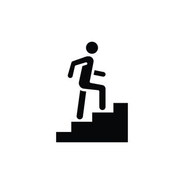 Man climbs the stairs icon. Simple solid style. Stair, walk, climb, staircase, step, up, career, person, rise, level, business concept. Silhouette, glyph symbol. Isolated design.