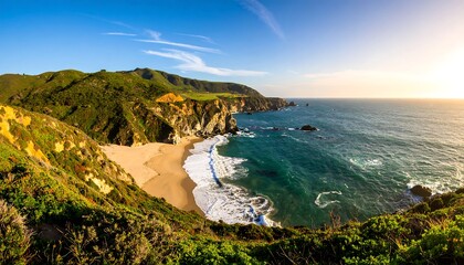 Scenic coastal vista. Lush hills meet a sandy beach, waves crash on the shore, beneath a clear blue sky