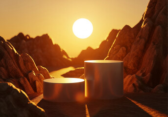 Golden glowing sunset behind mountain ridge with two circular pedestals on desert plateau for dramatic display