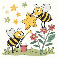 Vector art of bees painting stars in a flower garden a whimsical illustration of natures artists creating celestial masterpieces amidst blooming flowers and lush greenery