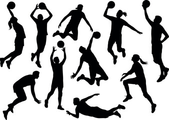 Dynamic basketball player silhouettes collection action jumps dunks sports vector art vector