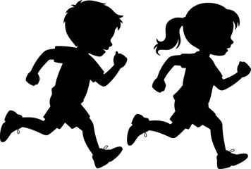 Active children silhouette running together outdoors kids fitness fun playful movement vector