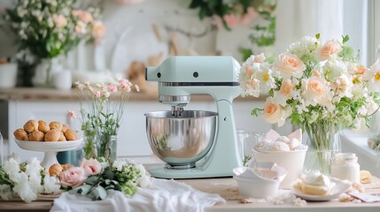 Mixer in a Mother's Day setting with floral decor soft lighting and baking essentials celebrating the warmth of homemade treats prepared with love simple and heartfelt