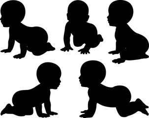 Adorable baby silhouettes crawling and exploring in various poses vector