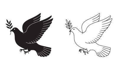 Fototapeta premium Two Peaceful Doves Flying with Olive Branches Symbolizing Peace Hope and Harmony Black and White Conceptual Design