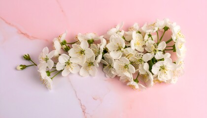 Delicate spring blossoms arranged on a pink and lavender marble background
