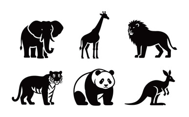 Set of various wild animals silhouettes, including an elephant, giraffe, lion, and panda. Black and white vector illustrations.