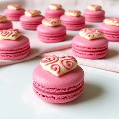 Obraz premium Delicate pink macarons, adorned with intricate white heart designs, are displayed beautifully on a white surface.