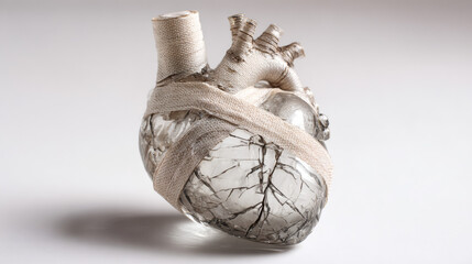 Cracked-glass anatomical heart wrapped in bandage, faint irregular ECG behind on sterile white. Dramatic studio still life symbolizing fragility, healing, and cardiology.