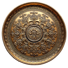 Naklejka premium Intricately detailed antique brass charger plate with ornate floral and figural motifs in the center isolated on transparent background