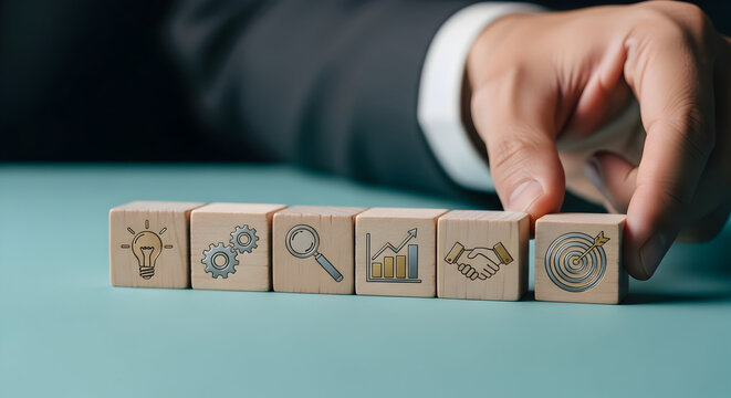 Business strategy blocks align for success, innovation, growth, and goals