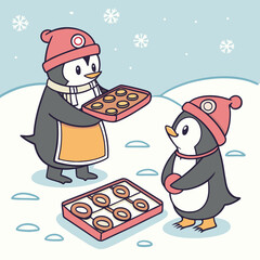Vector art of two penguins in winter hats prepare and serve donuts in a snowy setting, creating a delightful and heartwarming scene