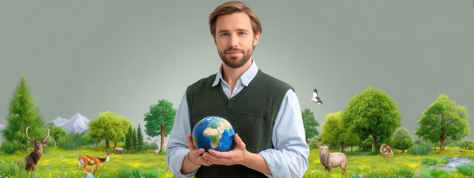 Person Holding Globe Surrounded by Nature and Wildlife in Landscape
