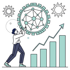Vector art of a woman turns the gear of artificial intelligence to drive business growth, the concept of technology, innovation, and progress in the company