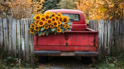 Red vintage truck laden with sunflowers autumn harvest scenic countryside