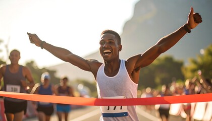 Runner crossing finish line, celebrating victory