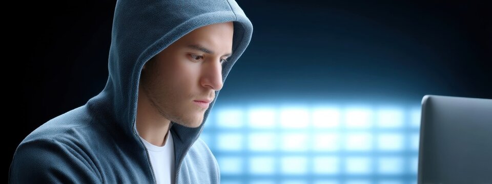 Focused Young Male in Hoodie Working on Computer in Dark Environment