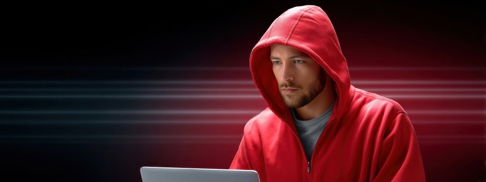 Man in Red Hoodie Working on Laptop with Dark Background and Light Trails