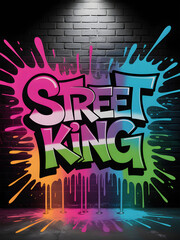Street King graffiti art colorful paint splatter design on brick wall urban style background