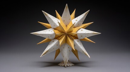 Intricate paper star sculpture with points in shades of white and yellow stands elegantly against a dark gray studio backdrop beautifully.