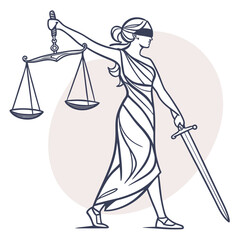 Vector art of themis, the greek goddess of justice, with scales and sword, representing law, fairness, and impartiality, walking forward with determination