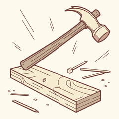 Illustration of a hammer striking a nail into a wooden plank, capturing the essence of building and repair, ideal for diy projects and construction themes