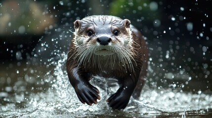 Fototapeta premium Playful Otter Running Through Water Splash