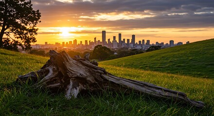 Fototapeta premium Majestic City Skyline at Sunset with Foreground Tree Stump and Grassy Hill