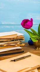 Stacked books, tulip, pen, vintage