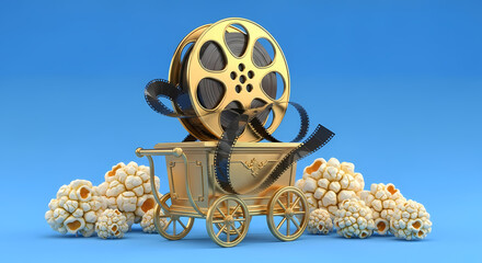 Golden Film Reel and Cart with Popcorn Cinematic Entertainment Concept.