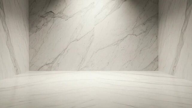 A pristine and elegant virtual studio or showroom featuring polished white marble walls and floor with sophisticated grey veining. A soft spotlight from above illuminates the empty space, creating a c