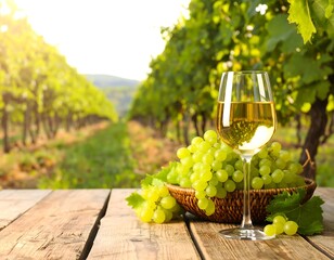 White wine and grapes in a vineyard