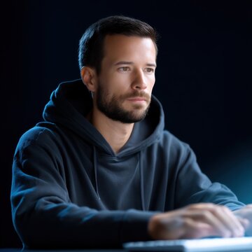 Focused Man Working on Laptop in Dark Room with Soft Lighting