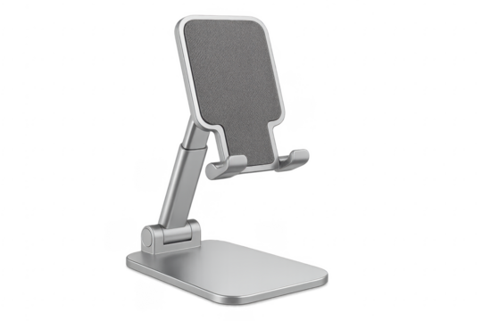 Adjustable silver mobile device stand on transparent background