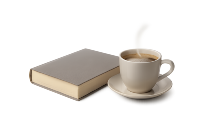 A closed book and a steaming cup of coffee isolated on transparent background
