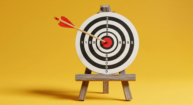 Bullseye achieved direct hit on target board, representing success and precision