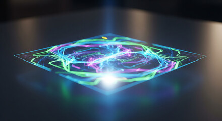 A glowing, futuristic display projects swirling energy patterns on a dark surface, emitting light.