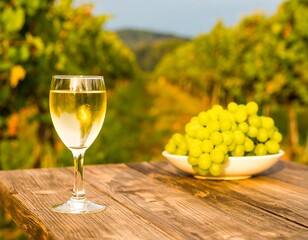 White wine glass with grapes in vineyard setting
