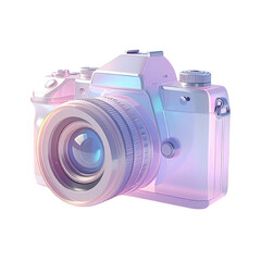 Pastel-colored 3D rendered camera, lens, and body