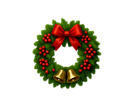 Christmas wreath with red berries, a red bow, and golden bells isolated on transparent background