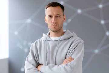 Obraz premium Thoughtful man in casual clothing with arms crossed in modern setting